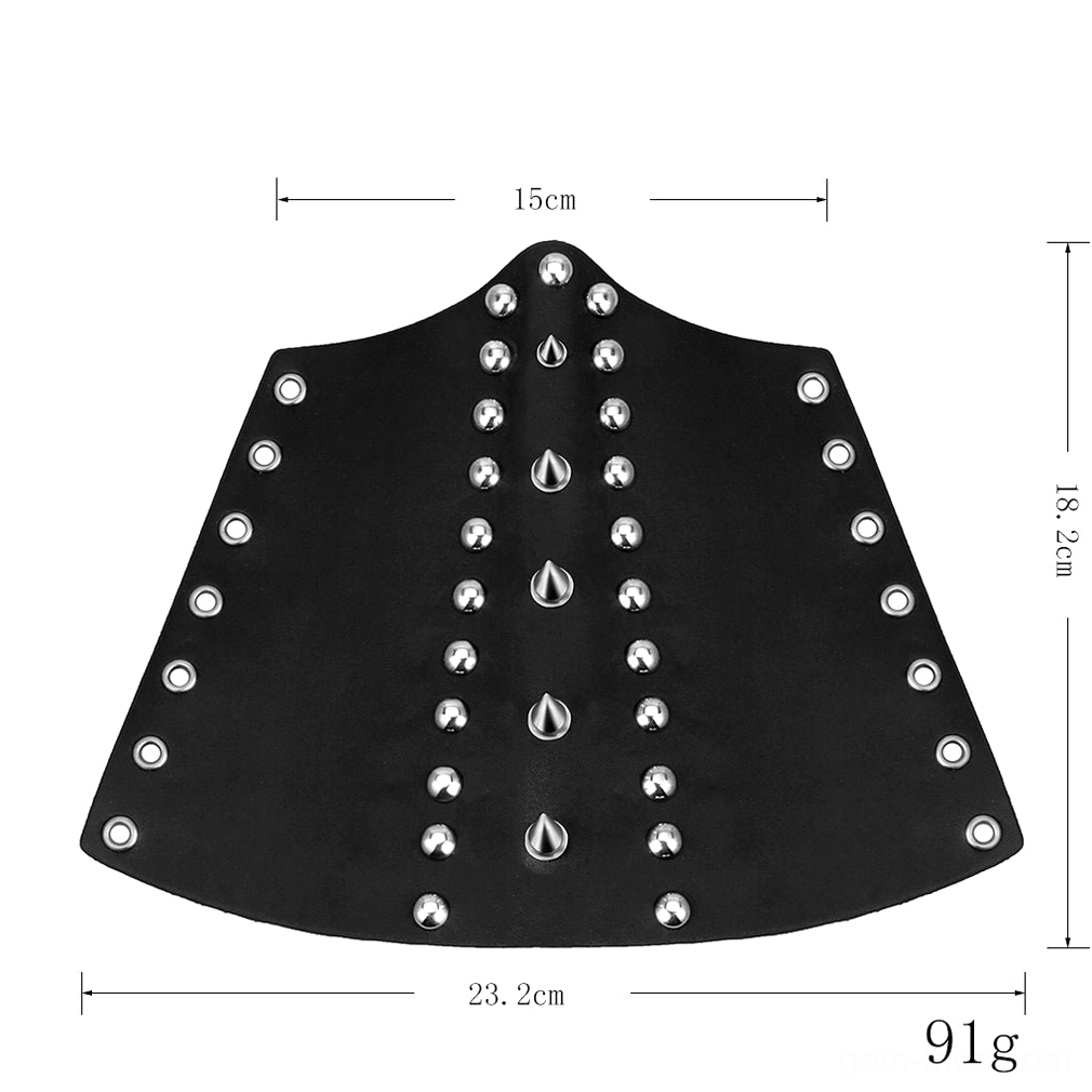 Studded leather wrist guard with measurement specifications and dimension labels, showing 91g weight and adjustable sizing range for gothic bracelet