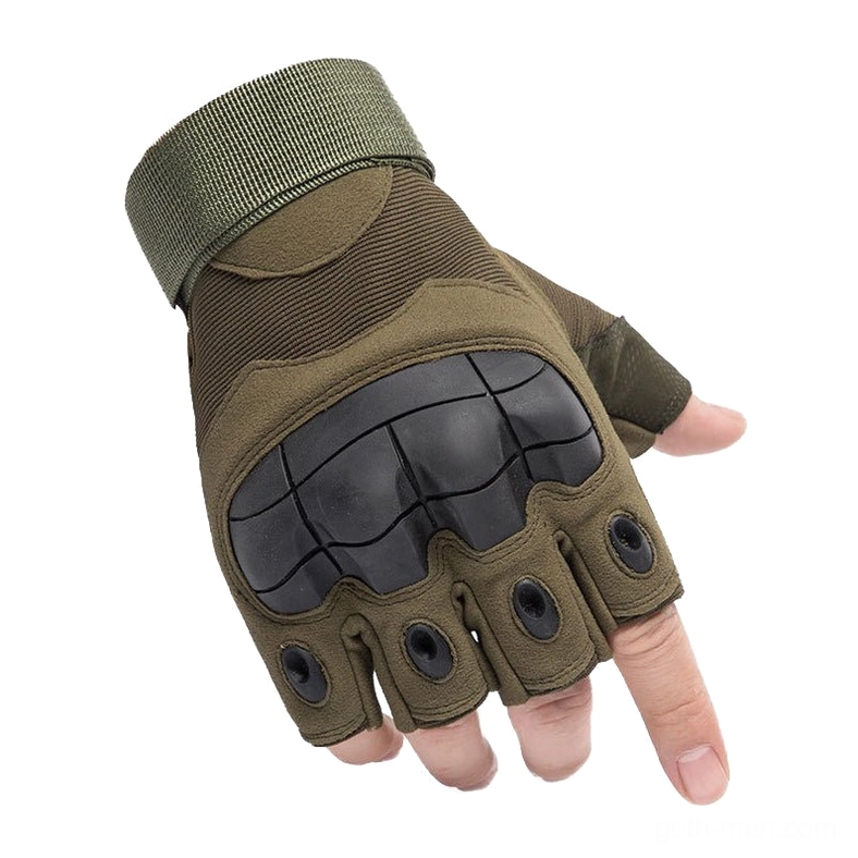Olive green army tactical half-finger fingerless gloves on model hand, woven wrist strap and protective knuckle pads close-up view