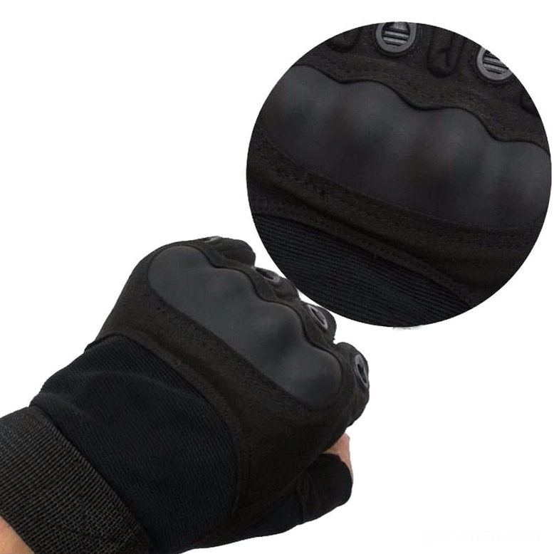 Tactical half-finger combat gloves close-up detail of carbon fiber reinforcement and anti-slip palm construction