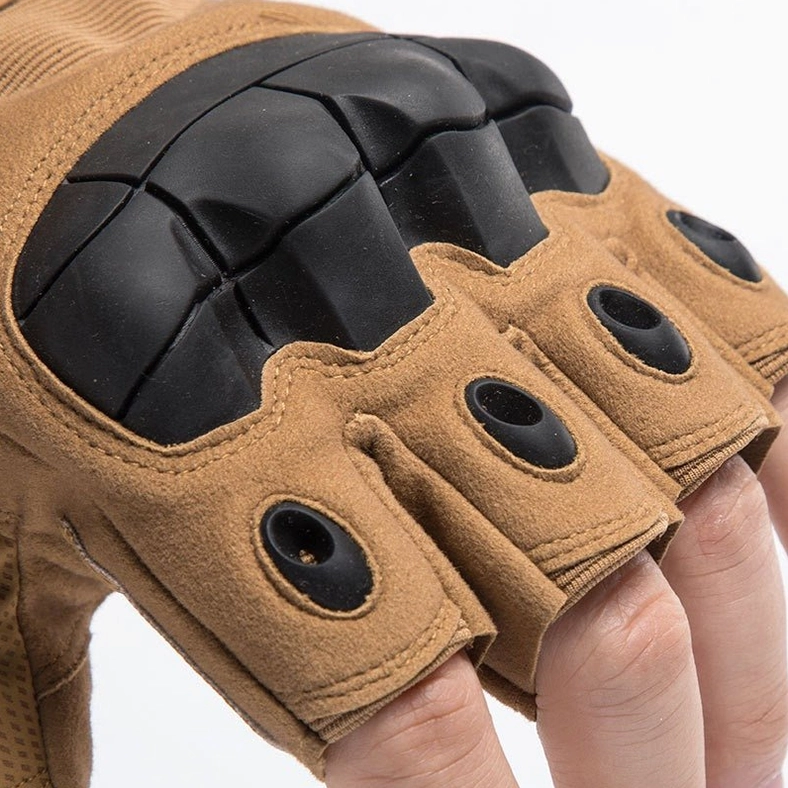 Tactical half-finger fingerless gloves on model demonstrating ergonomic fit and adjustable wrist strap functionality