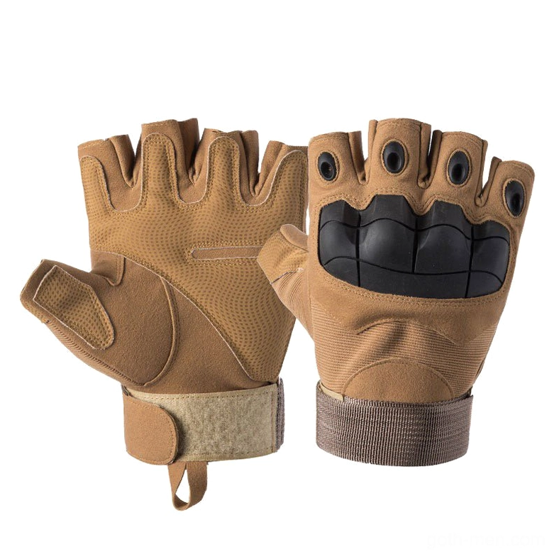 Khaki tan half-finger tactical gloves front flat display, showing reinforced knuckles and adjustable hook loop wrist closure
