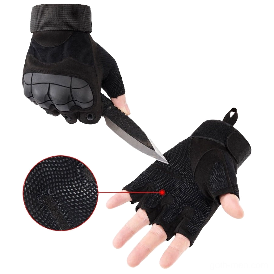 Half-finger tactical combat gloves size chart with measurement specifications for medium large and extra large sizing