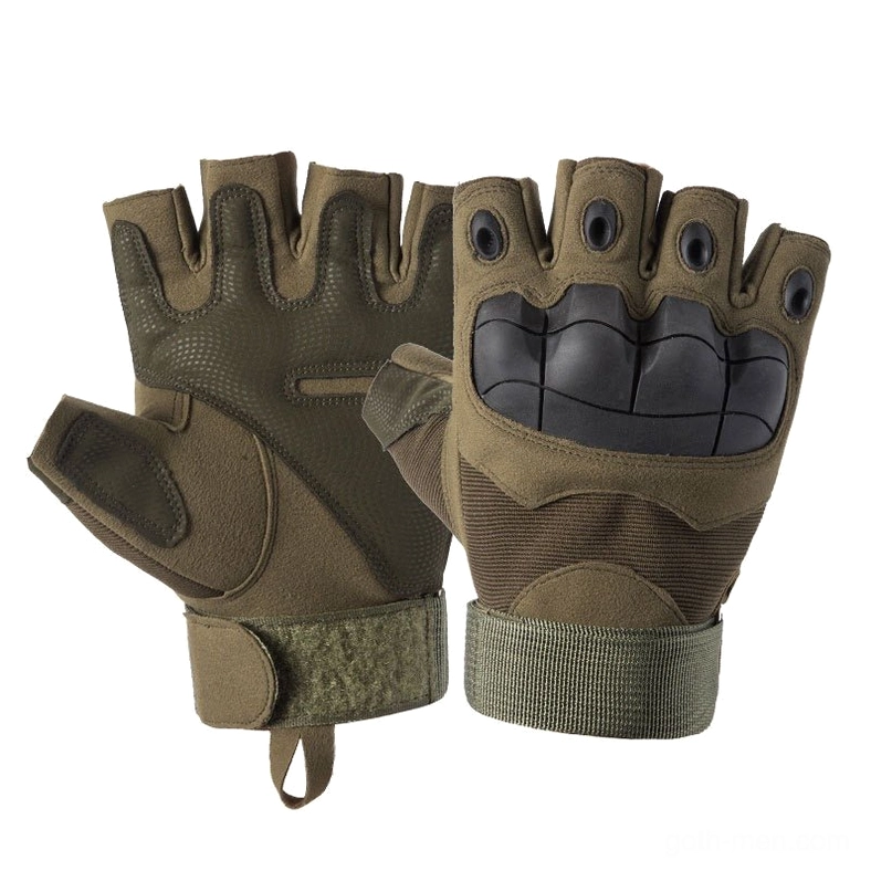 Multiple sizes of gothic half-finger tactical gloves flat lay display, showing medium large and extra large options in army green and black colorways
