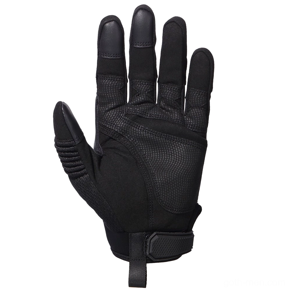 Black tactical glove palm side showing mesh fabric and pull tab wrist strap