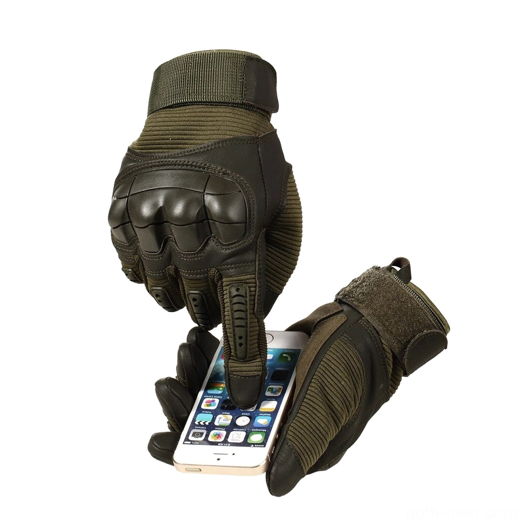 Tactical gloves demonstrating touchscreen functionality with smartphone, showing index finger compatibility and tactical combat protection features