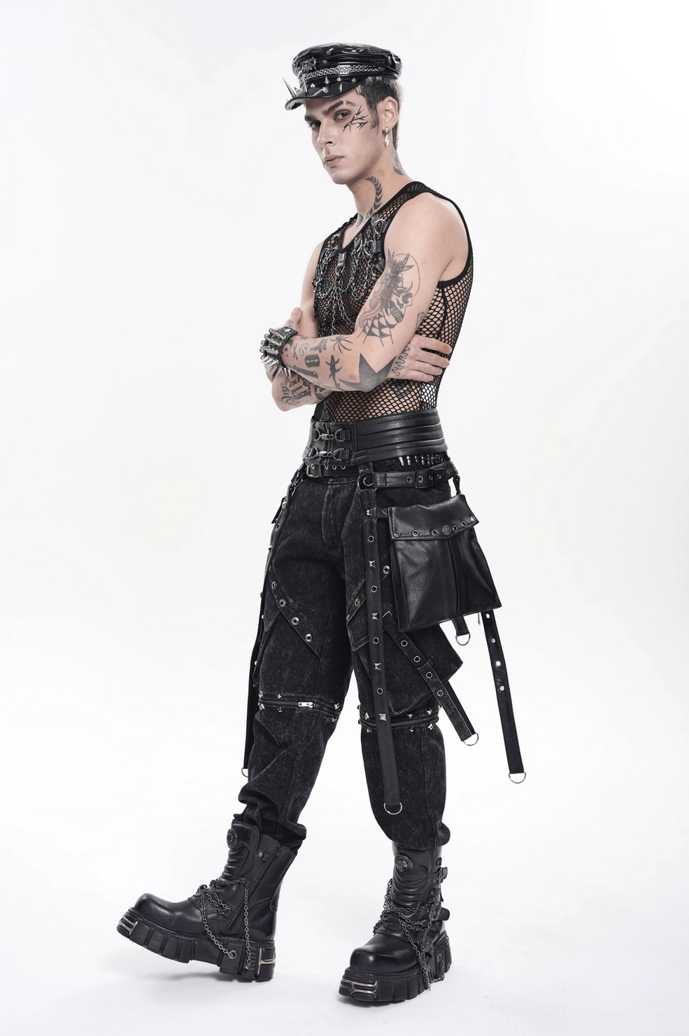 Black tactical harness belt architectural design showing waist panel, buckle hardware, and layered strap construction, product photography