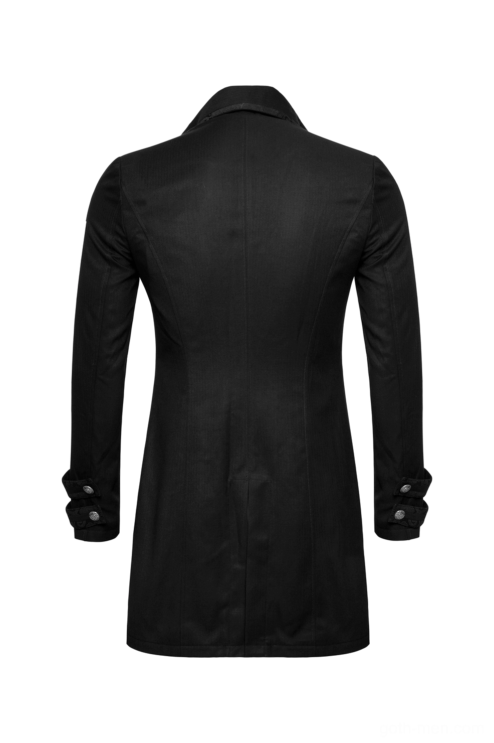 Gothic tailcoat rear flat lay displaying back seams and button cuff details on black formal jacket