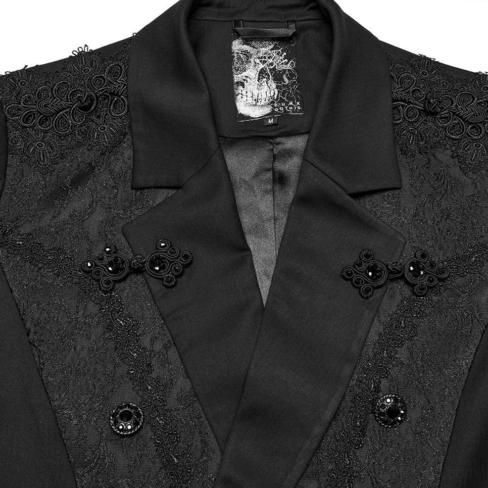 Close-up detail of gothic tailcoat showing ornate metal buttons, intricate lace embroidery, and skull-branded inner label on collar
