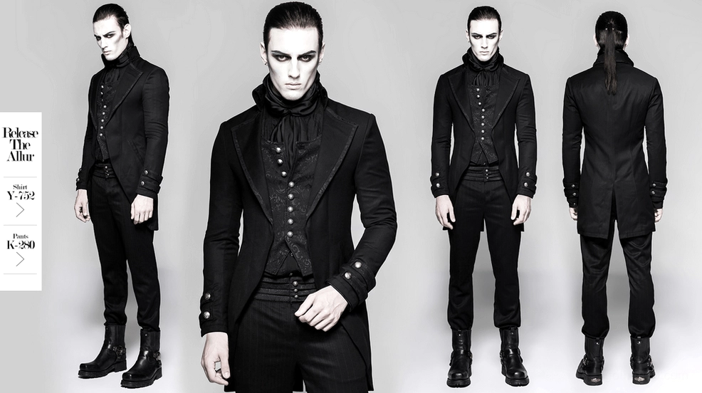 Button cuff and sleeve detail of gothic tailcoat showing slim-fit wrist construction
