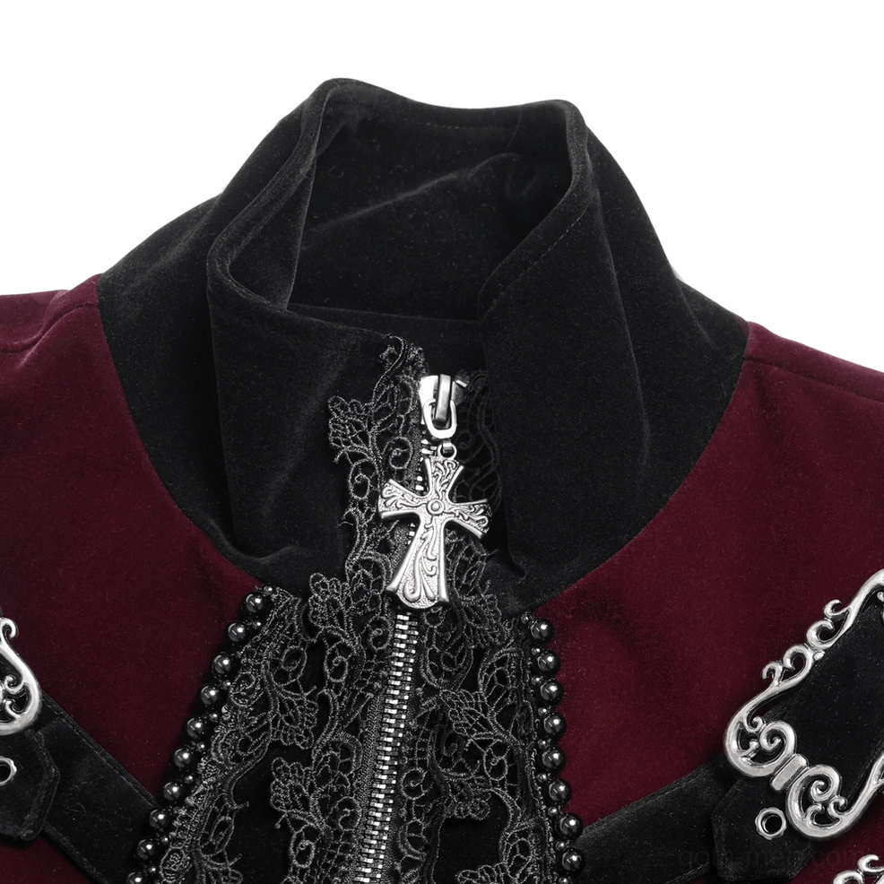 Close-up detail of gothic tailcoat neck showing cross zipper pull, beaded lace trim, and embroidered embellishments
