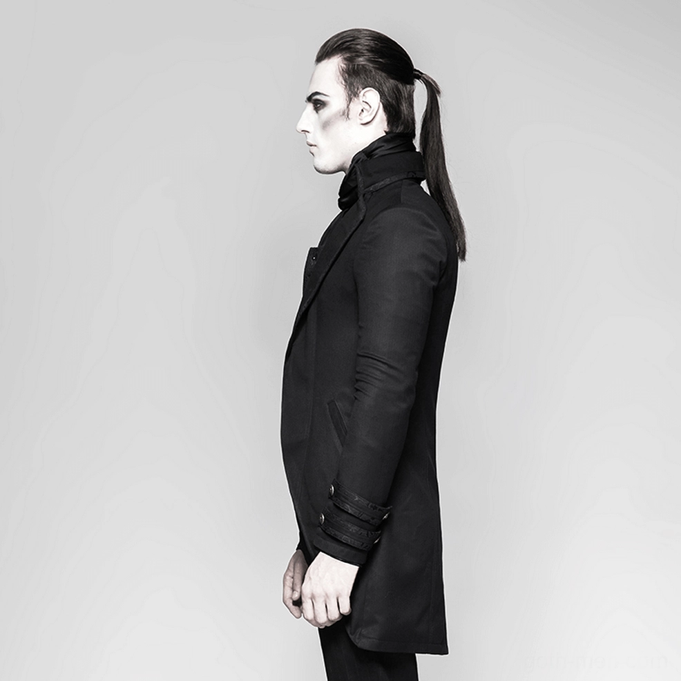 Extended tail hem and back silhouette of black Victorian gothic tailcoat formal jacket