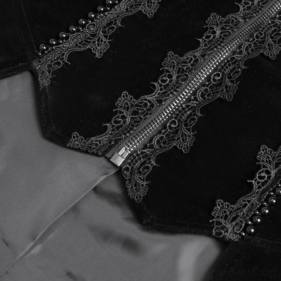 Front detail view of gothic velvet tailcoat showing cross zipper closure and ornate lace panel embroidery