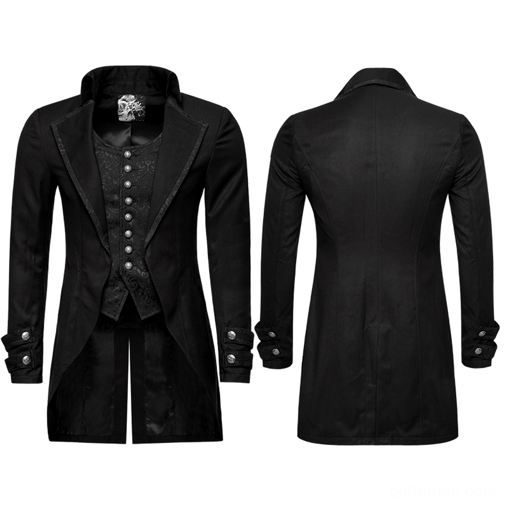 Black gothic tailcoat front and back flat lay product shot displaying peak lapels and fake vest panel