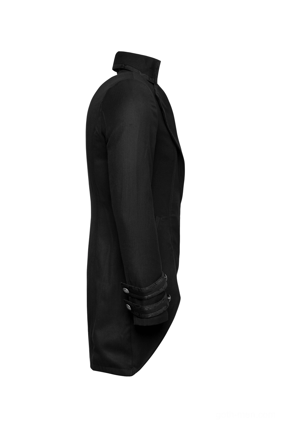 Black tailcoat side profile showing slim-fit silhouette and buttoned cuff details of gothic jacket