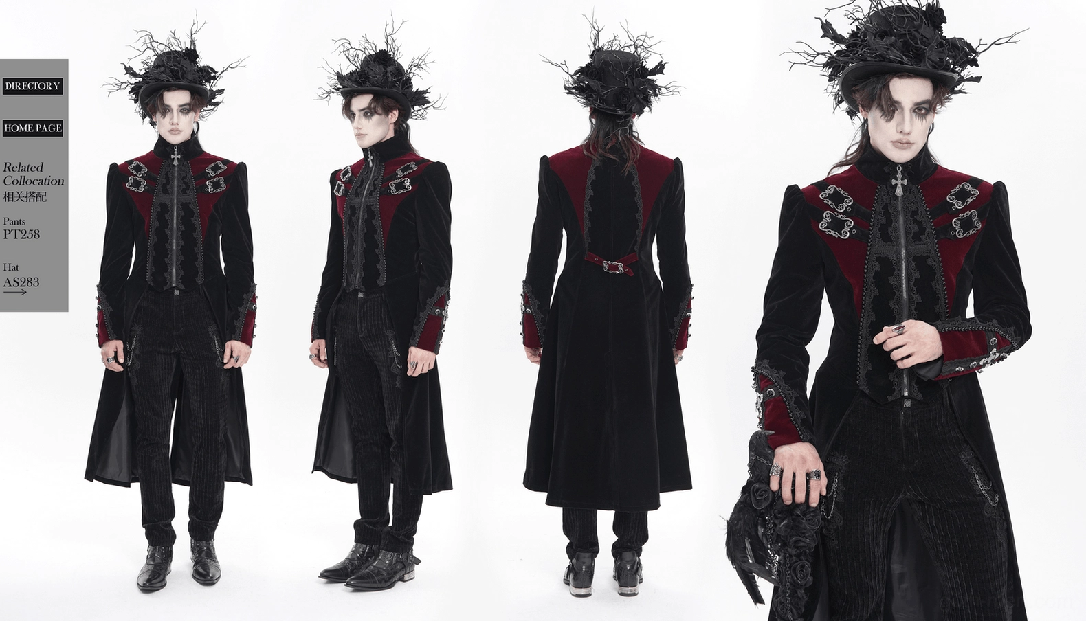 Gothic velvet tailcoat detail shot showing ornate metal hardware, beaded lace edge trim, and zipper mechanism