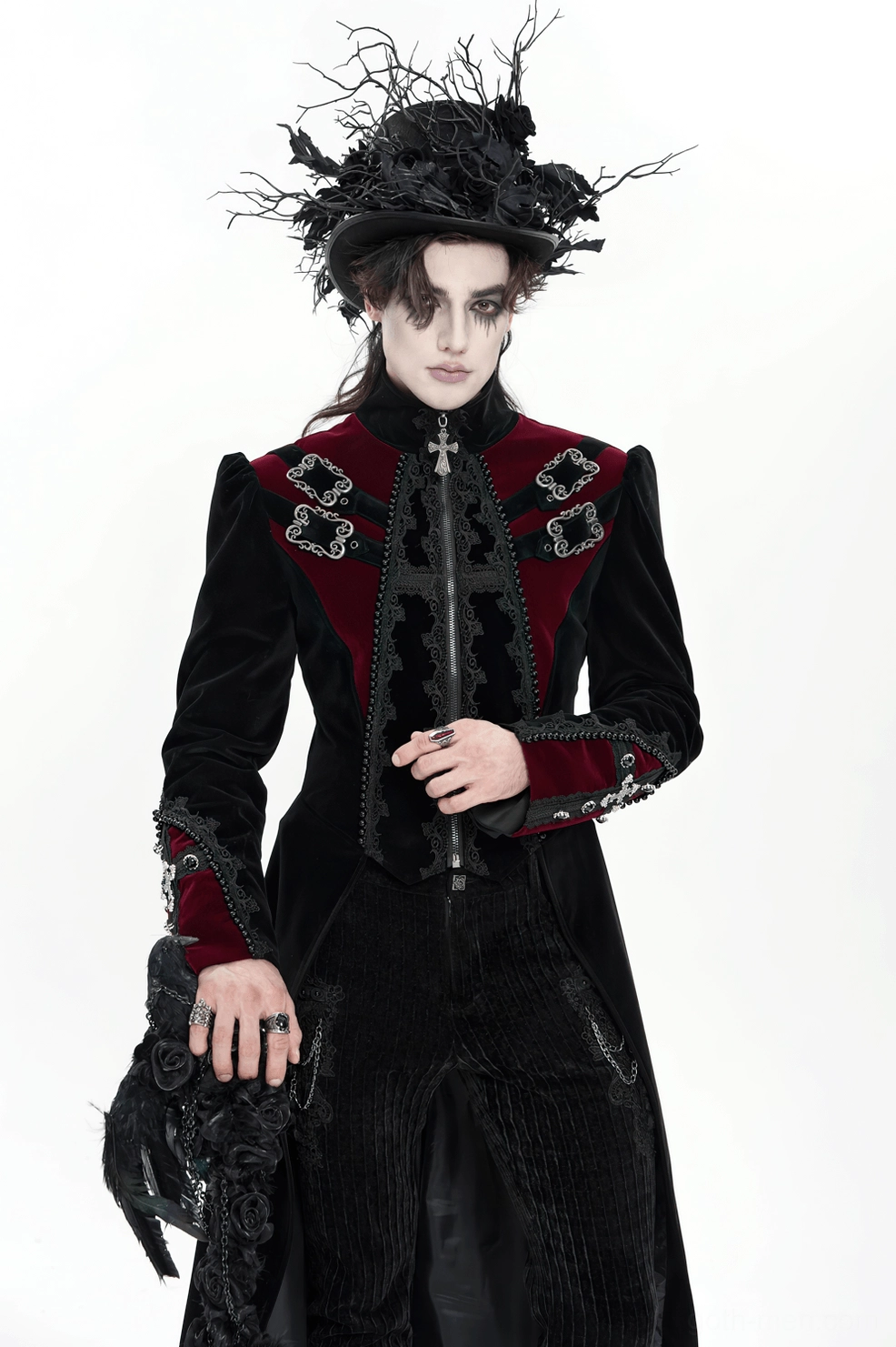 Gothic tailcoat rear full-body view on mannequin displaying extended split tail, waist definition, and back buckle straps