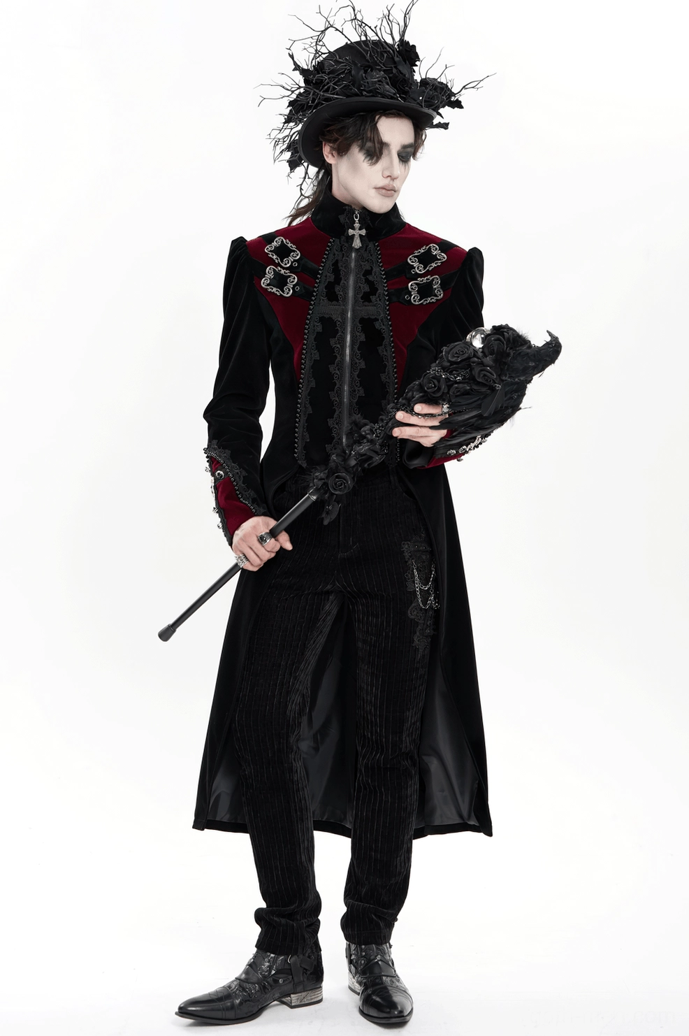 3/4 rear perspective of black gothic tailcoat on mannequin featuring ornate buckle straps and burgundy back panels
