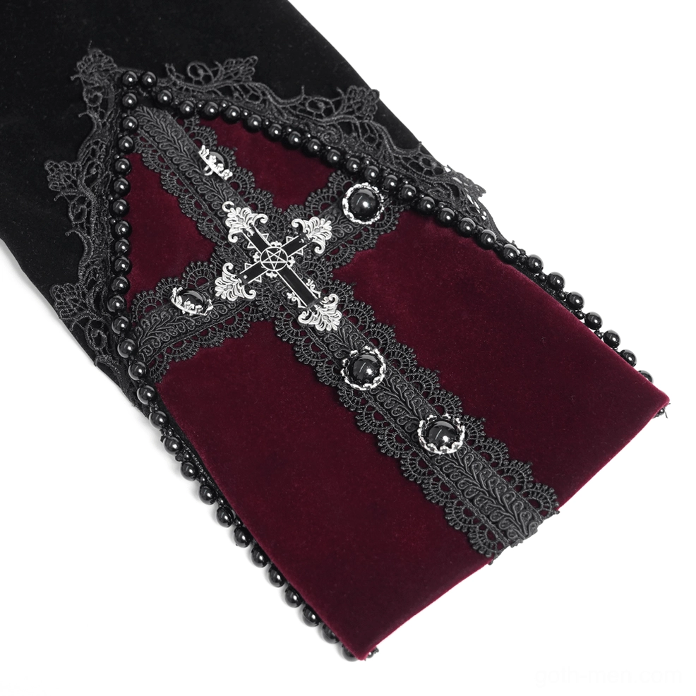 Black velvet tailcoat texture and fabric detail showing polyester velvet pile and embroidered lace trim pattern
