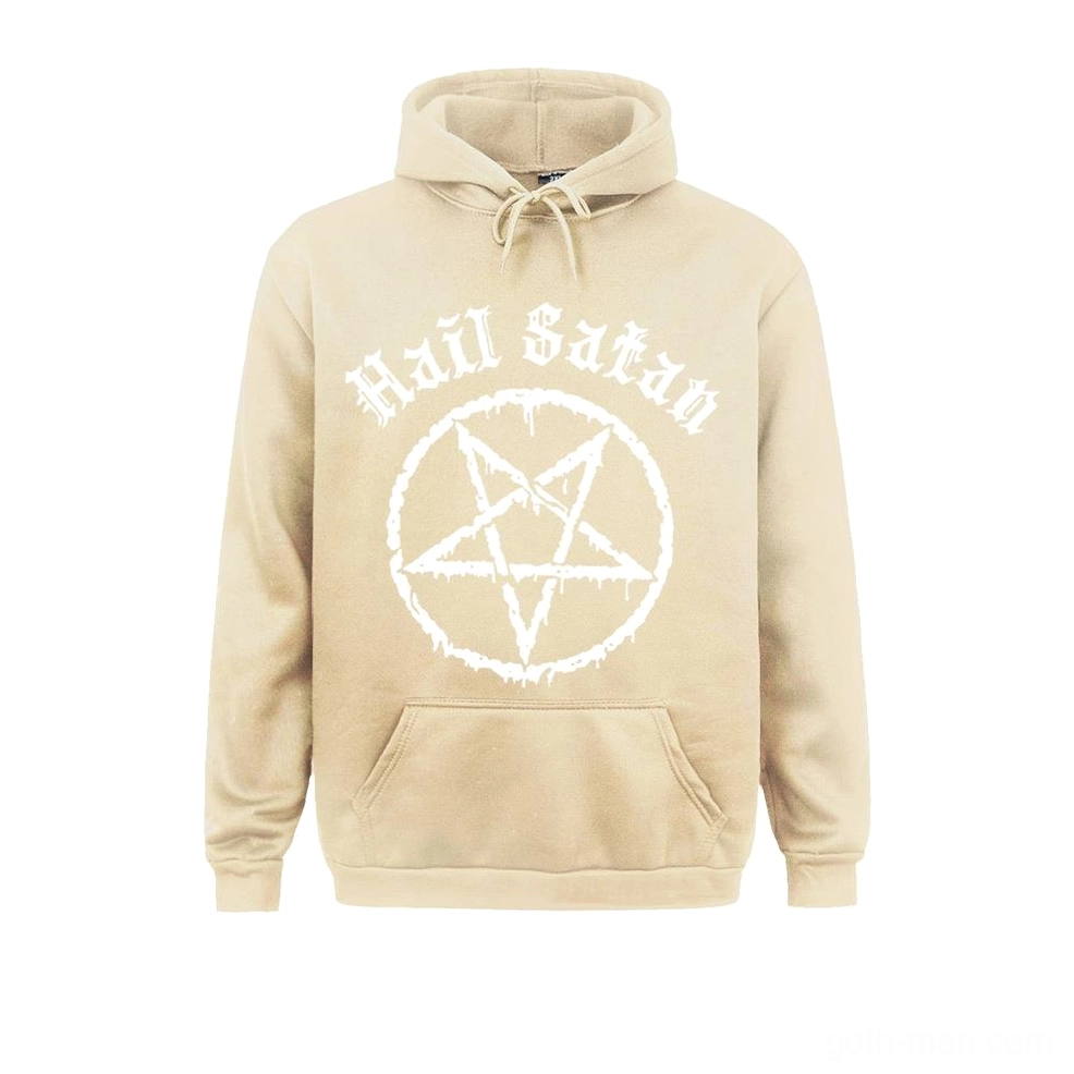 Tan beige satanic pentagram hoodie with white occult logo print, vintage gothic aesthetic unisex sweatshirt