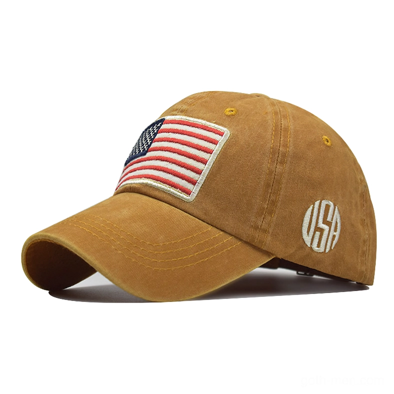 Tan beige washed cotton gothic USA flag baseball cap, understated rebellion dark fashion style