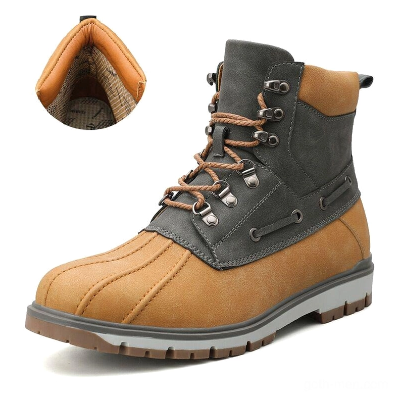 Tan and dark gray gothic outdoor boots with light brown braided laces front view
