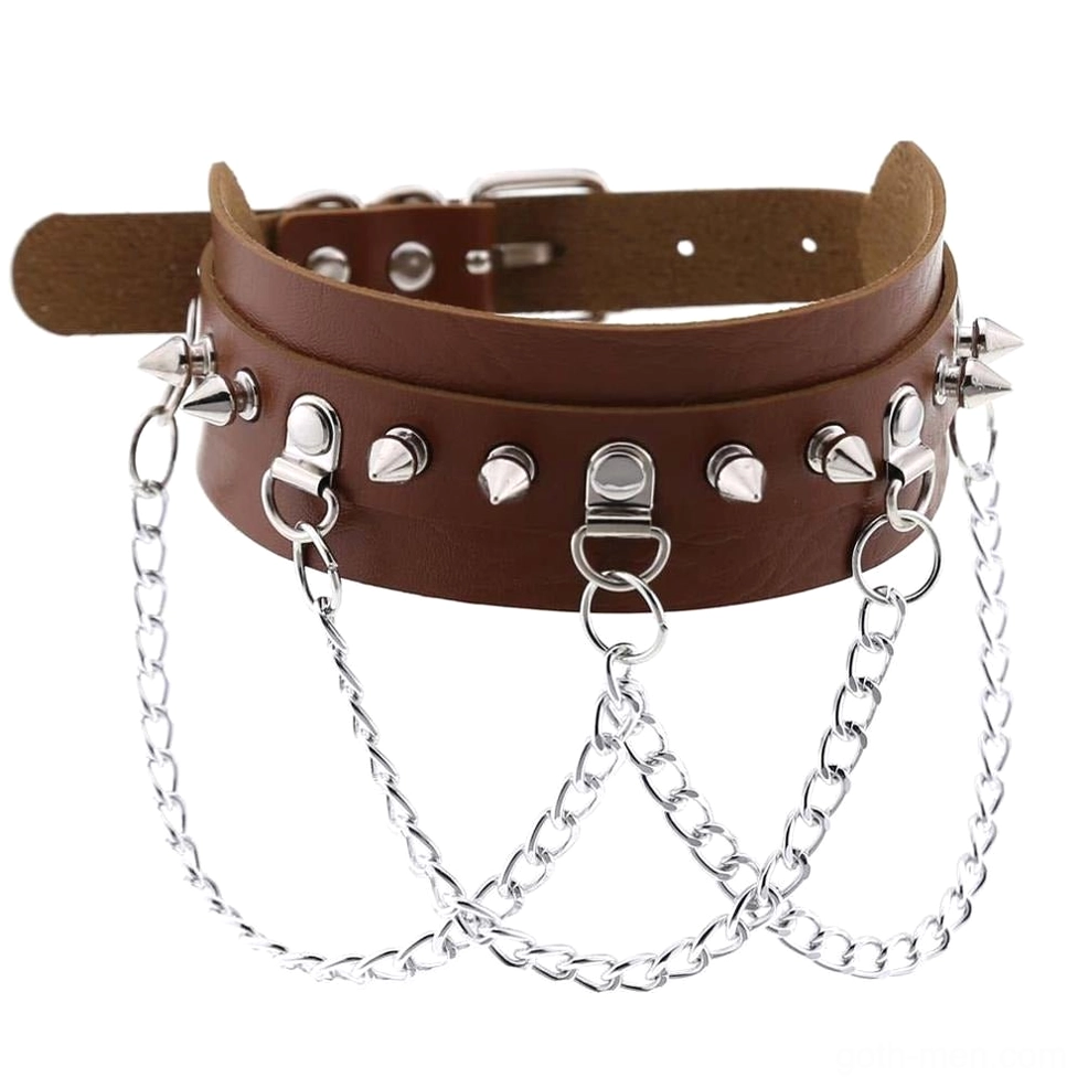 Light brown tan vegan leather spiked choker featuring adjustable strap closure and metallic spike embellishments