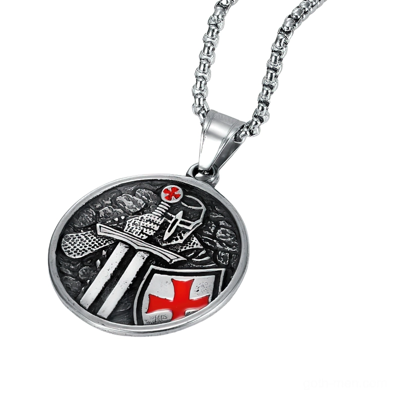 Templar cross pendant necklace at angle, rope chain design with red enamel cross details visible