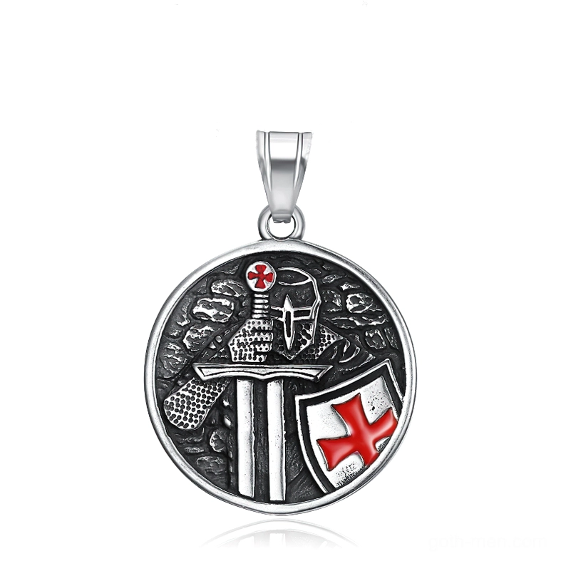 Knights Templar pendant frontal view, polished silver stainless steel with sword and shield relief pattern