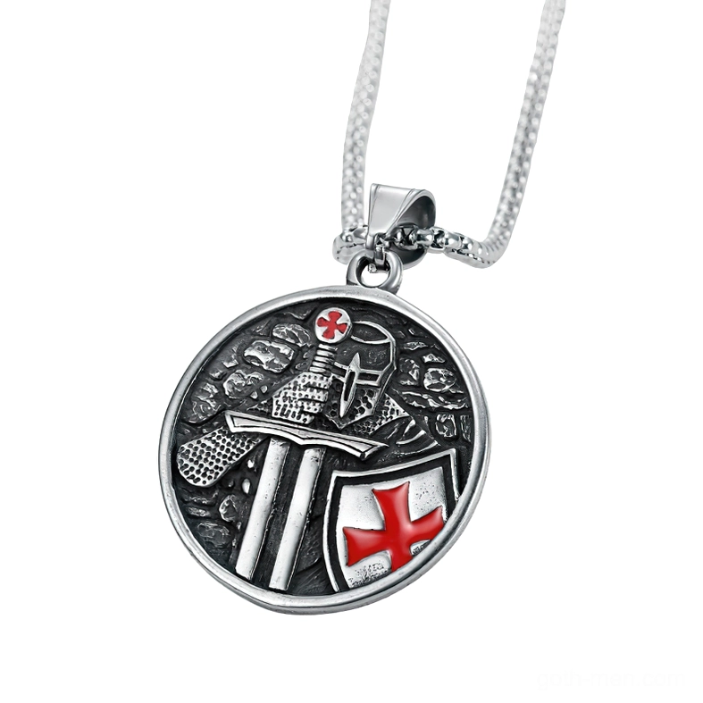 Knights Templar cross necklace hanging, stainless steel curb chain with embossed pendant on white background