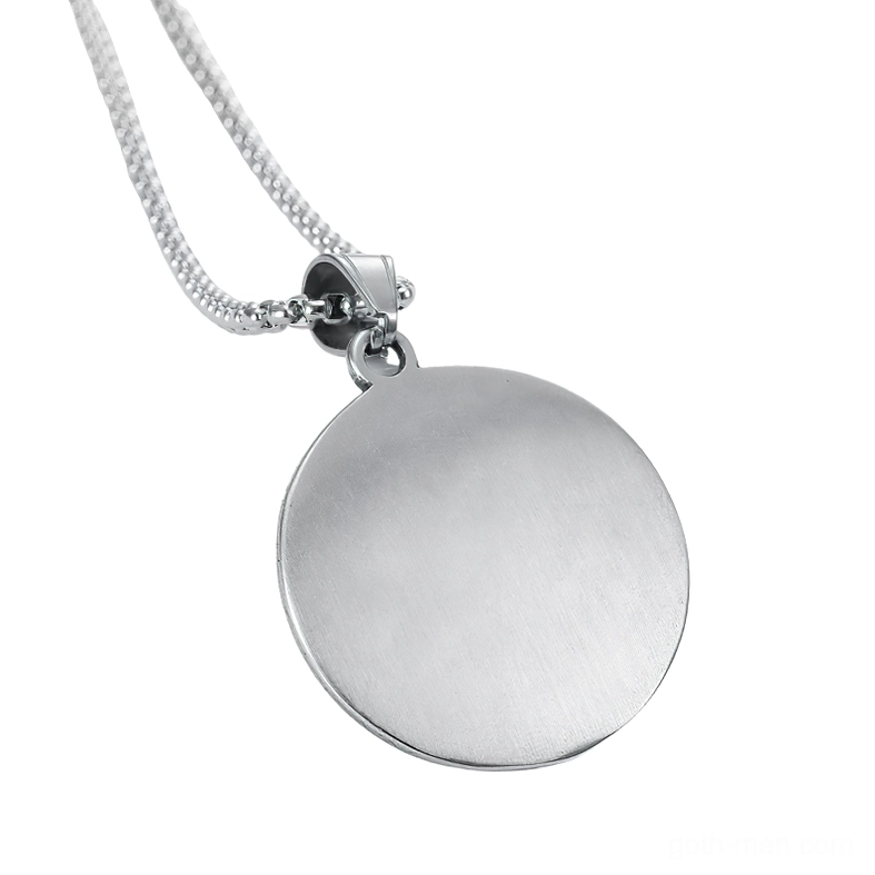 Templar pendant back side view, matte silver stainless steel blank reverse side hanging