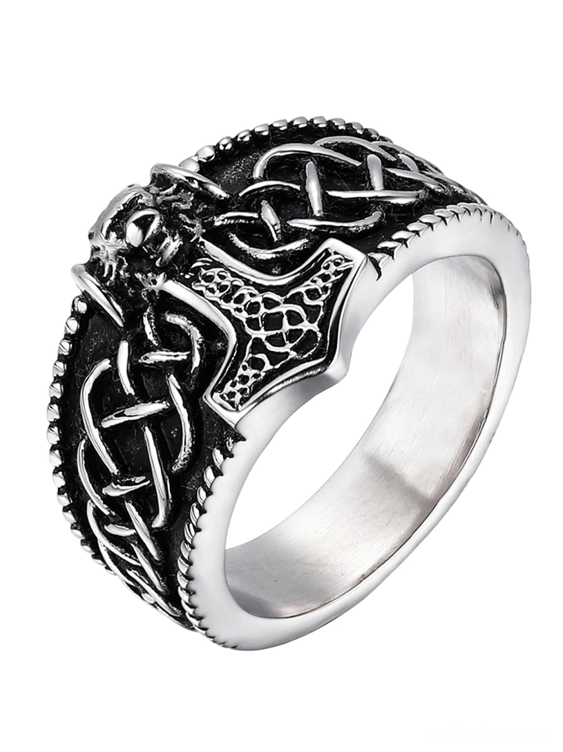 Vintage silver-black finish Thor's hammer gothic stainless steel ring with Mjolnir and Celtic knot details