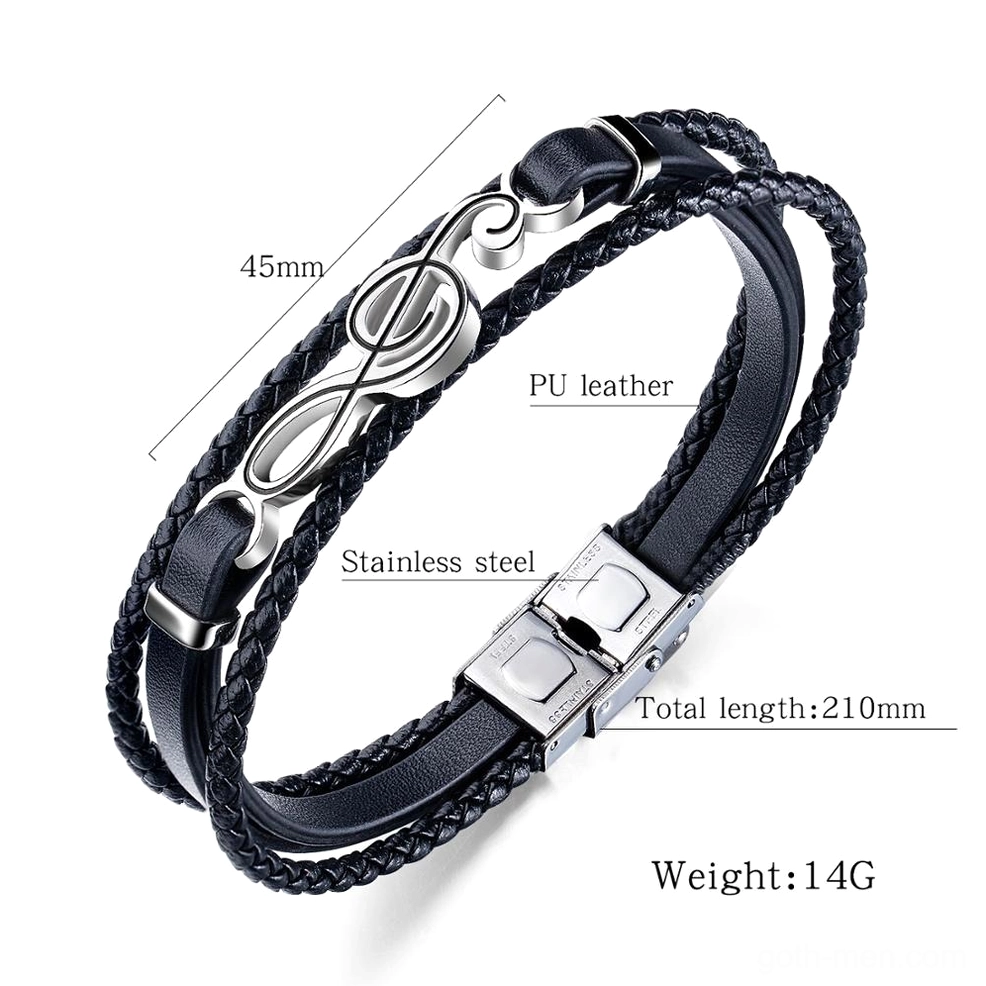 Music note treble clef leather bracelet close-up detail 210mm length stainless steel charm braided black leather strap gothic jewelry specification