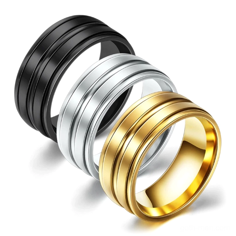 Complete three-piece gothic band ring set in black, silver, and gold stainless steel, triangular arrangement showcase