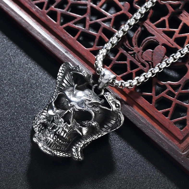Twin cobra skull stainless steel pendant - dark occult themed necklace jewelry