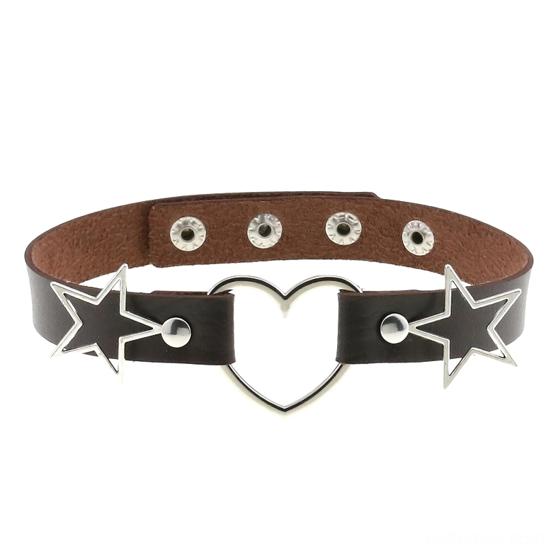 Two-tone dark brown and black leather choker with silver heart and star accents, flat lay product photography for gothic style chokers