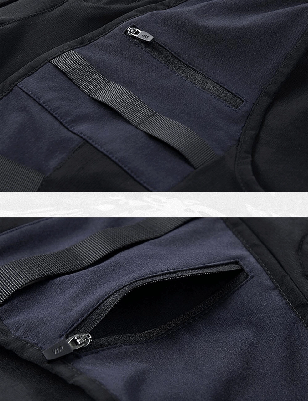 Utility shorts vertical zipper pocket - side pocket design with webbing trim and metal hardware
