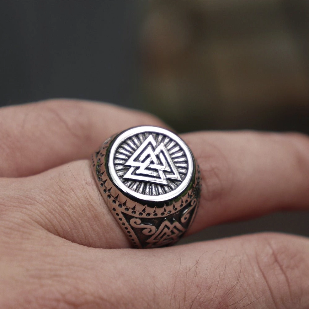 Stainless steel valknut ring dimensional view highlighting band weight and substantial presence