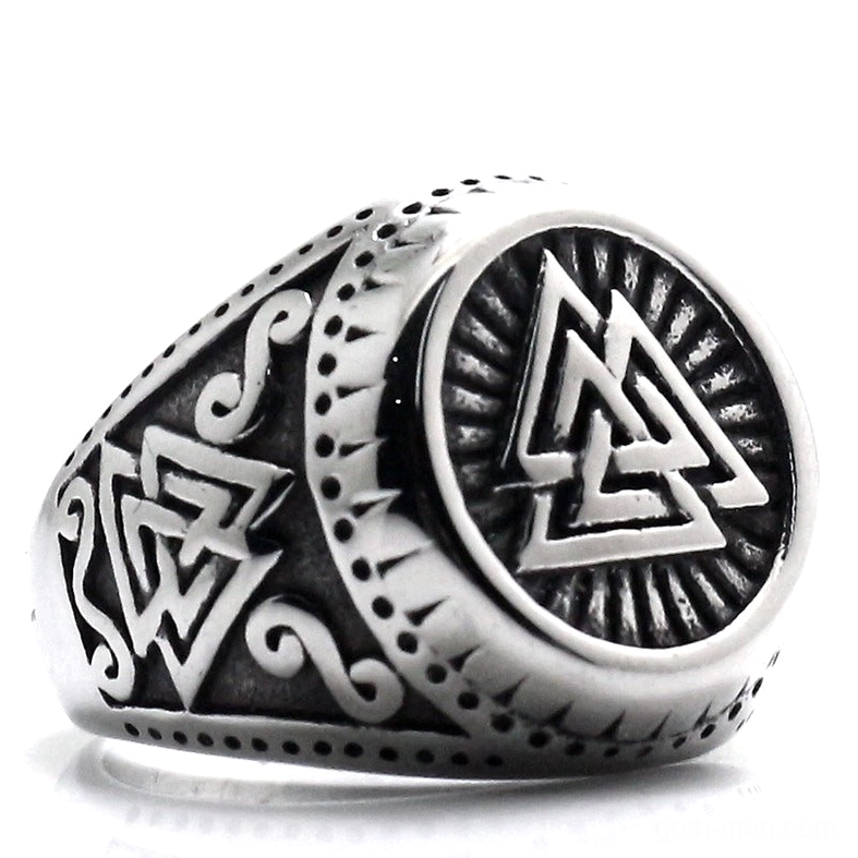Viking valknut ring front view with dotted border detail and polished metal finish highlighting the interlocking triangles symbol