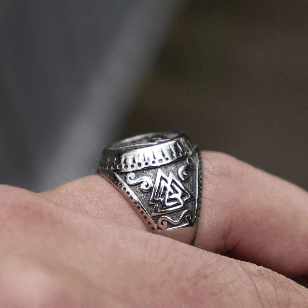 Viking valknut ring artistic display view showcasing gothic aesthetic and Norse mythology symbolism