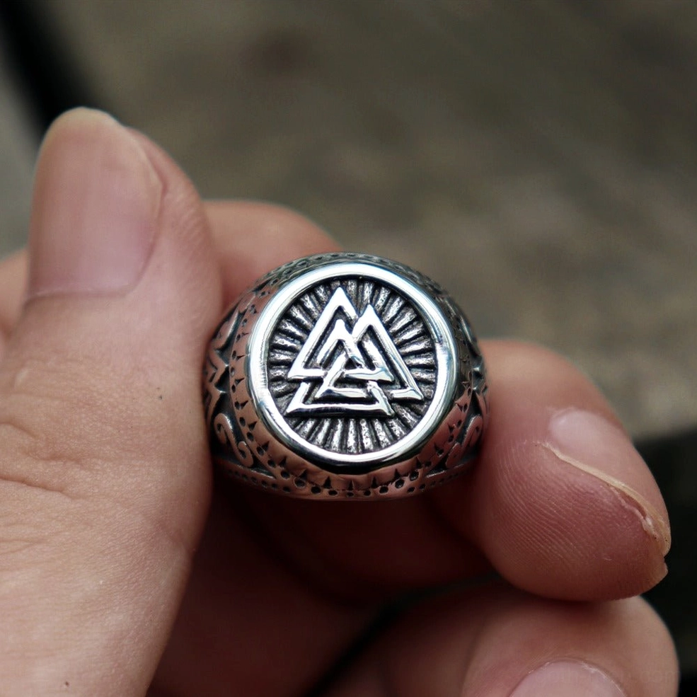 Norse valknut signet ring band detail showing intricate scrollwork and ornamental patterns characteristic of Viking design