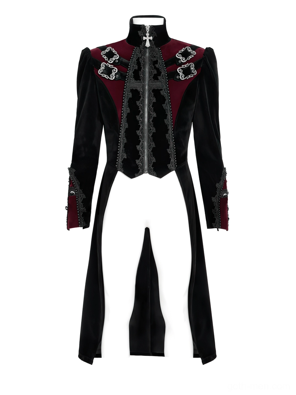 Gothic velvet tailcoat front view on mannequin displaying burgundy panel details and structured collar design