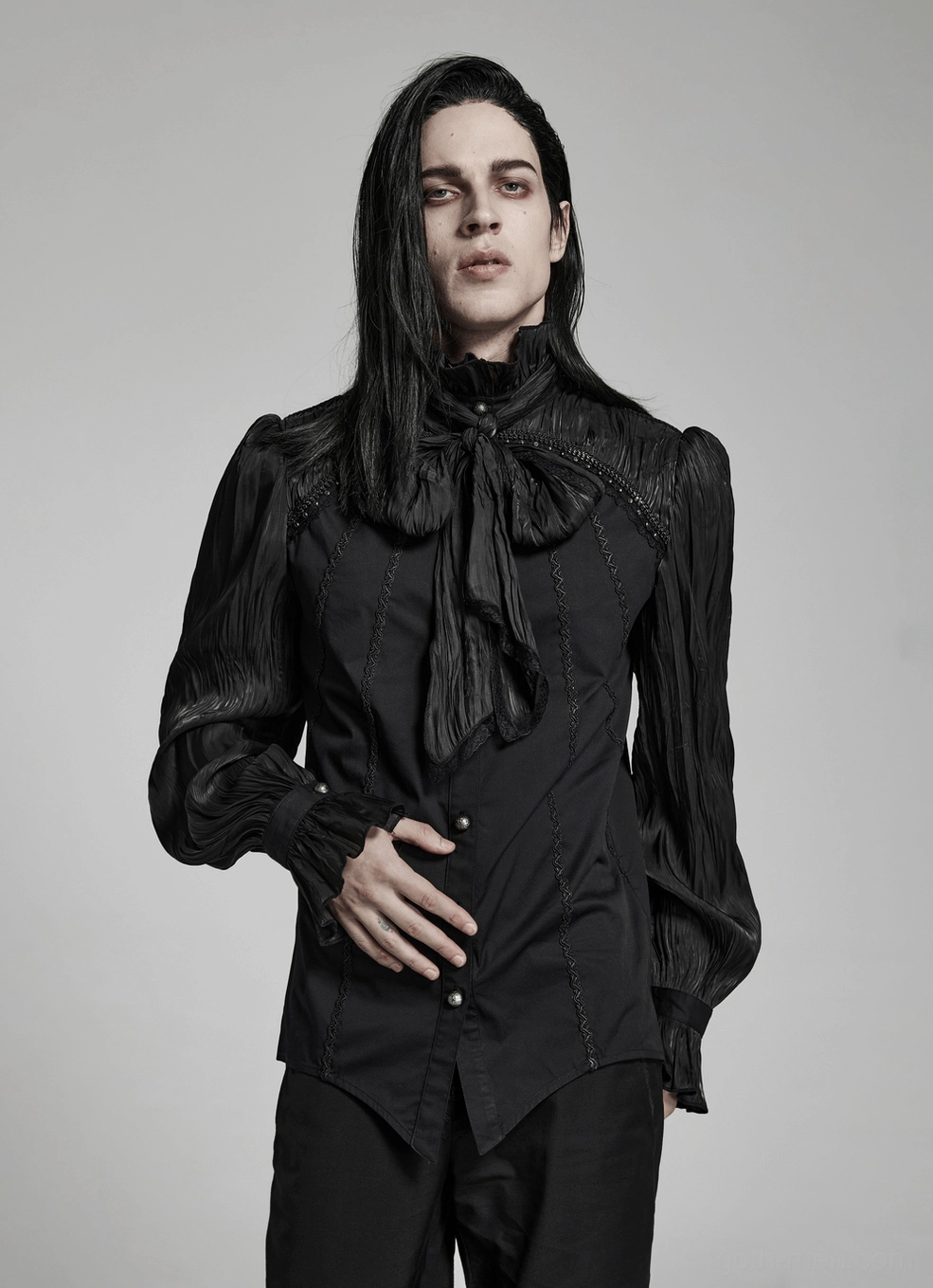 Victorian gothic cage pleated shirt lace-up front detail showing cage visual pattern and intricate lace work