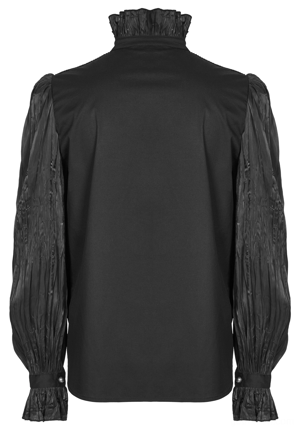 Victorian gothic pleated shirt back flat lay showing solid back design, pleated sleeves and intricate ruffled neckline
