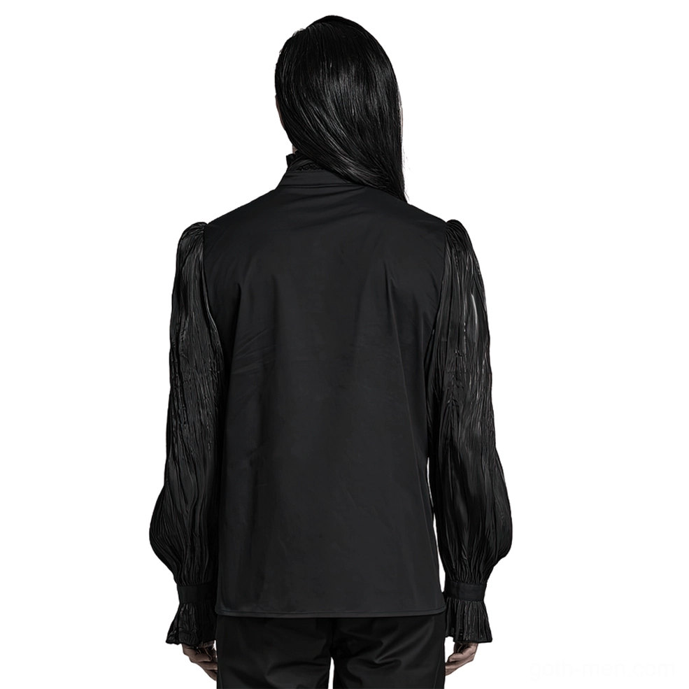 Victorian gothic pleated lace-up shirt back view on model, displaying clean back panel and pleated bishop sleeves