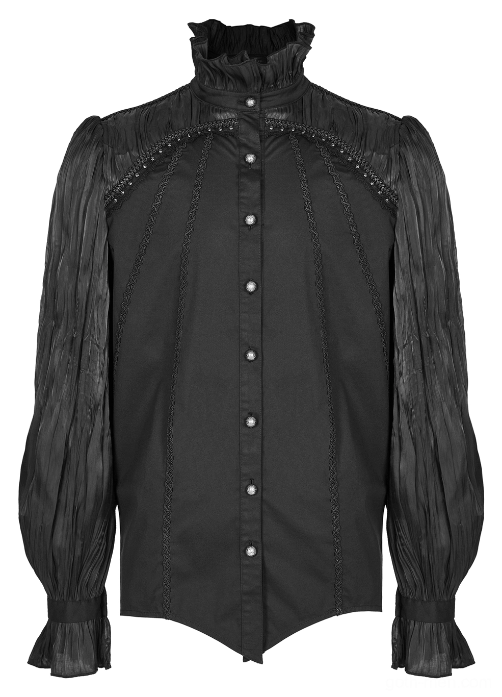 Victorian gothic pleated shirt front flat lay display with ruffled collar, button placket and full pleated sleeve detail