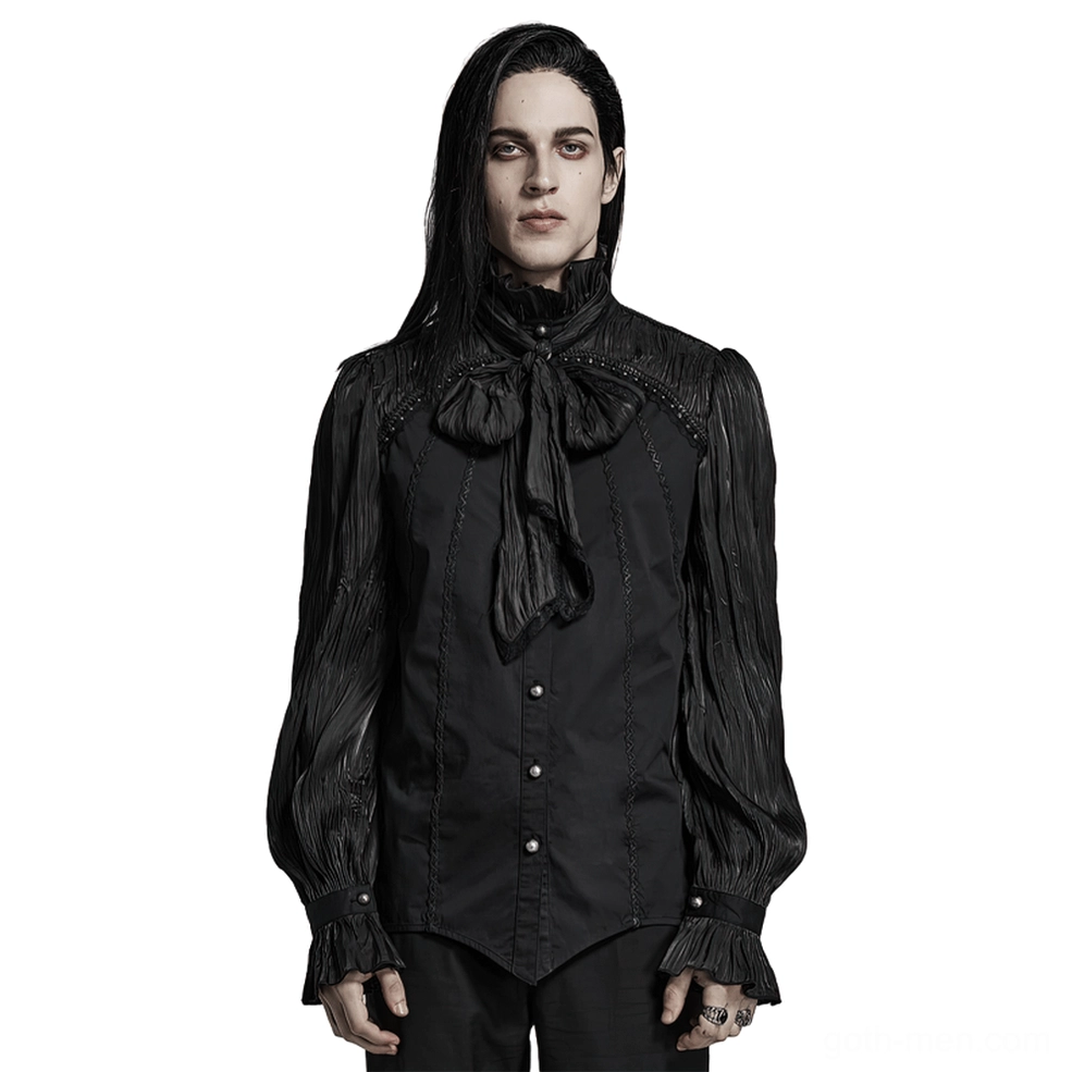 Victorian gothic pleated lace-up shirt front view on male model with long hair, showing cage visual design and ruffled high collar