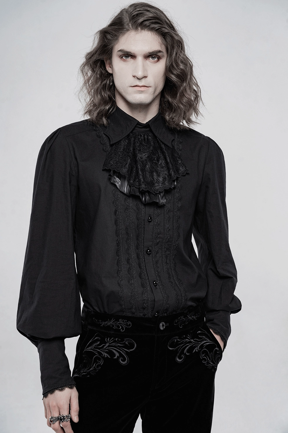 Complete Victorian gothic ruffled shirt styling showcase with full-length presentation