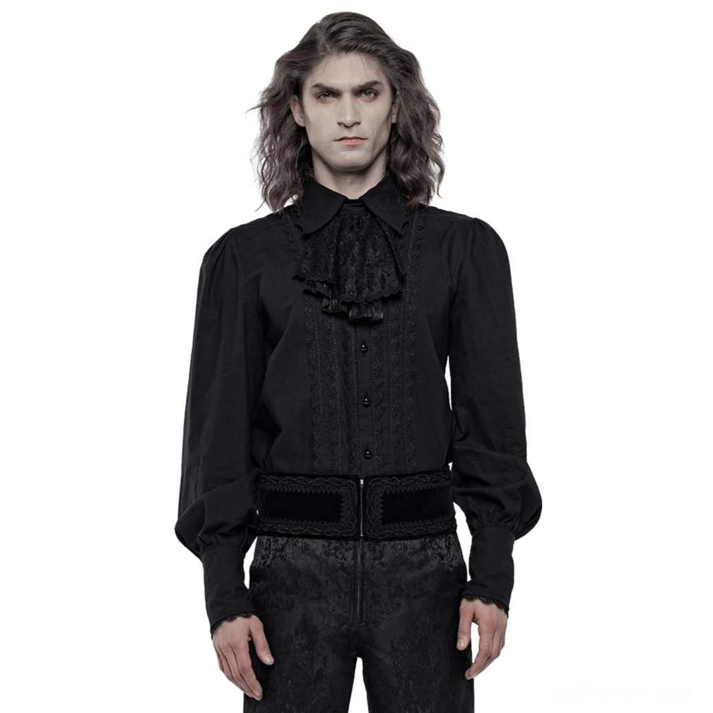 Victorian gothic ruffled black cotton shirt front view with lace jabot and removable bow tie