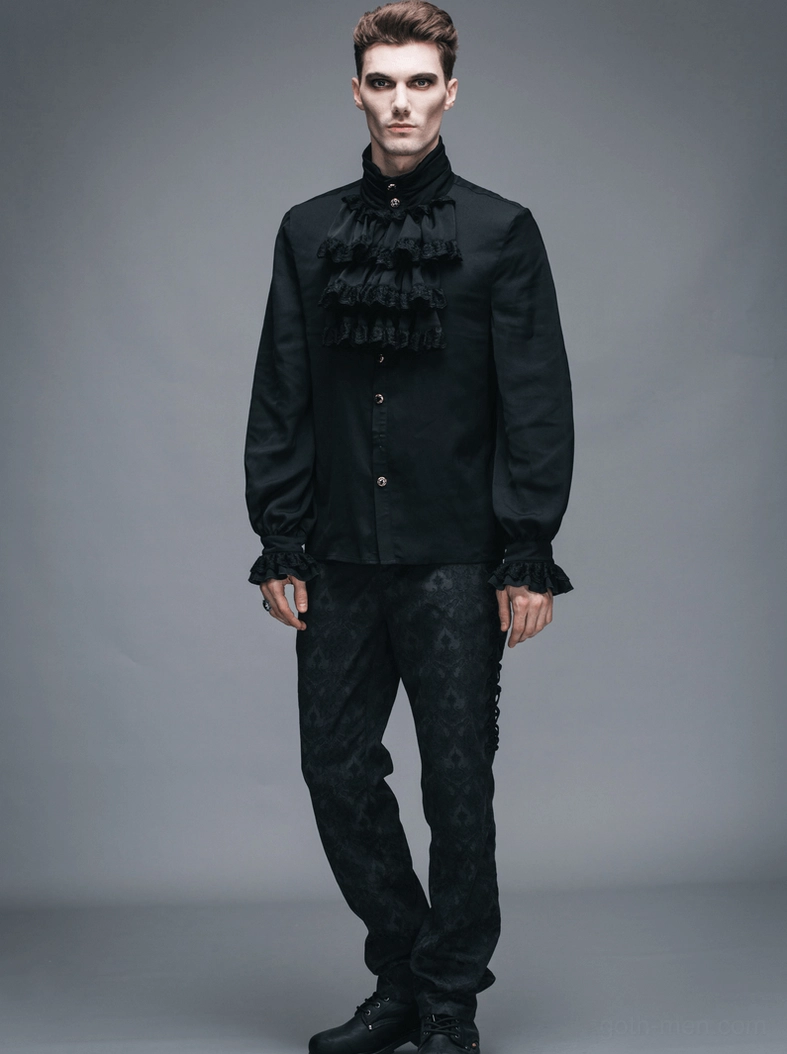 Full-body view of man wearing Victorian Gothic ruffled jabot shirt styled with casual alternative elements and dark fashion
