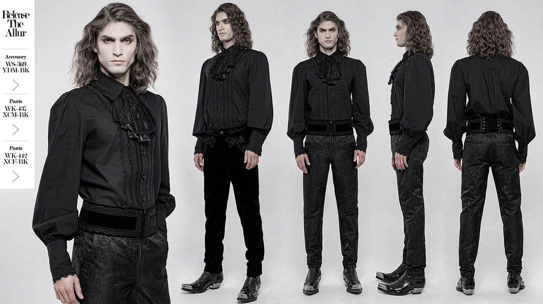 Victorian gothic black ruffled cotton shirt front hero shot with full styling presentation